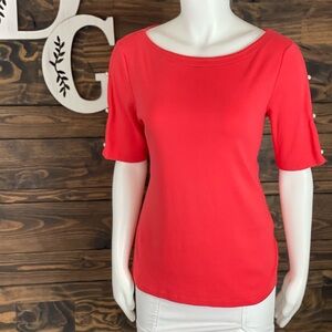 Rafaella | Boat Neck Coral Quarter Sleeve Top Split Open Sleeves Pearl Button